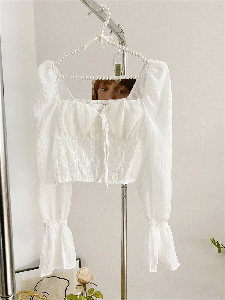 纯欲风法式方领短款修身设计感衬衫 莲妲衬衫