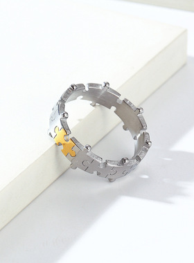 小众设计感中性风拼图情侣对戒小众轻奢款钛钢戒指潮人手饰品