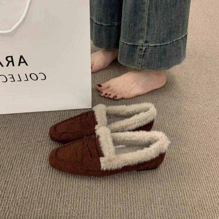 香港平底懒人一脚蹬加绒乐福鞋女秋冬季外穿毛绒豆豆鞋保暖棉瓢鞋,淘宝优惠券,粉丝福利购,淘宝优惠卷
