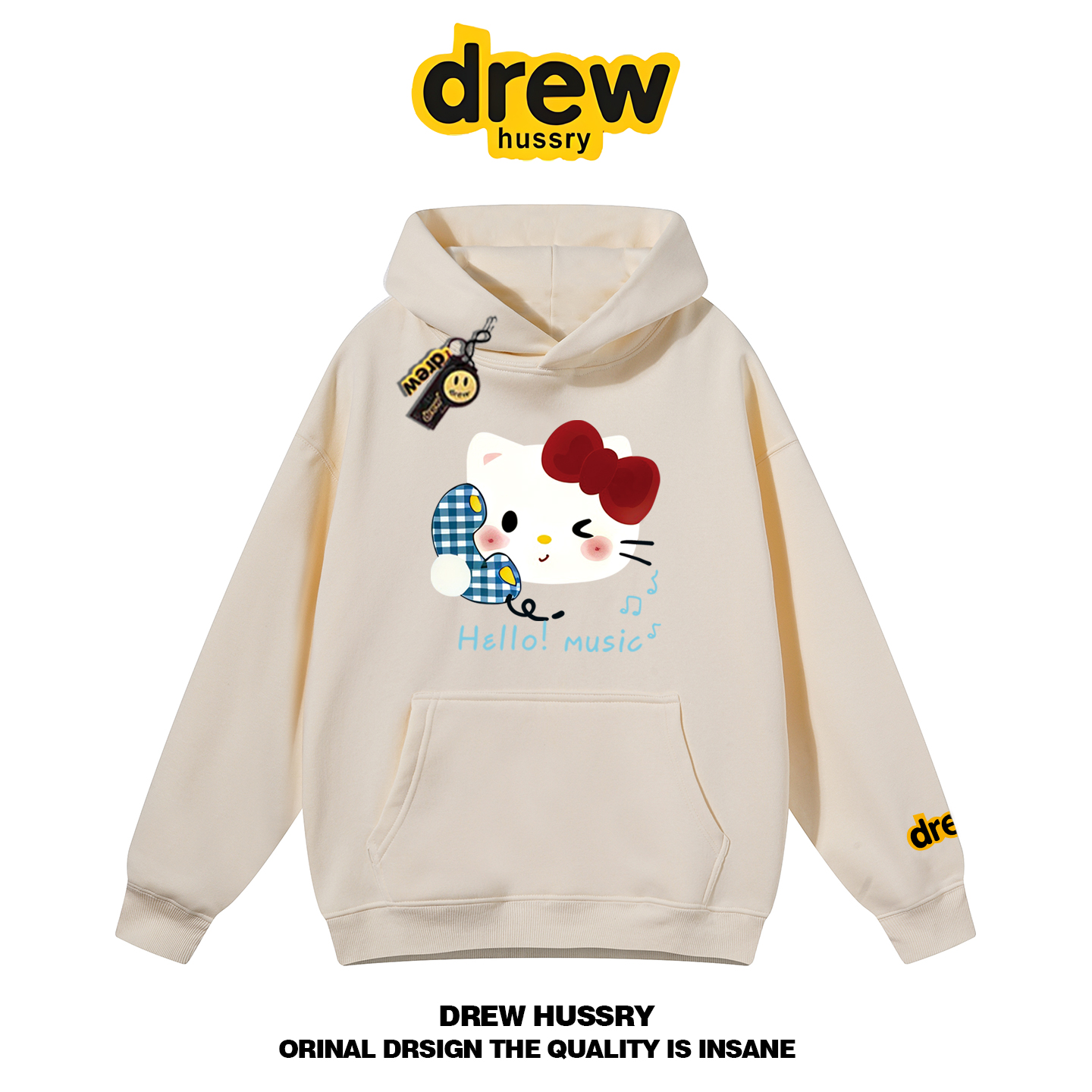 drew笑脸潮牌HelloKitty卡通印花连帽卫衣男女情侣装宽松秋冬外套 - 图2