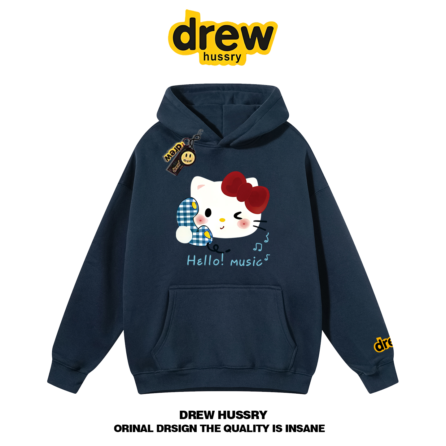 drew笑脸潮牌HelloKitty卡通印花连帽卫衣男女情侣装宽松秋冬外套 - 图0