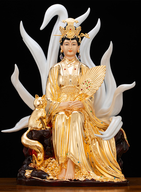 中式铜雕彩绘九尾狐供奉摆件