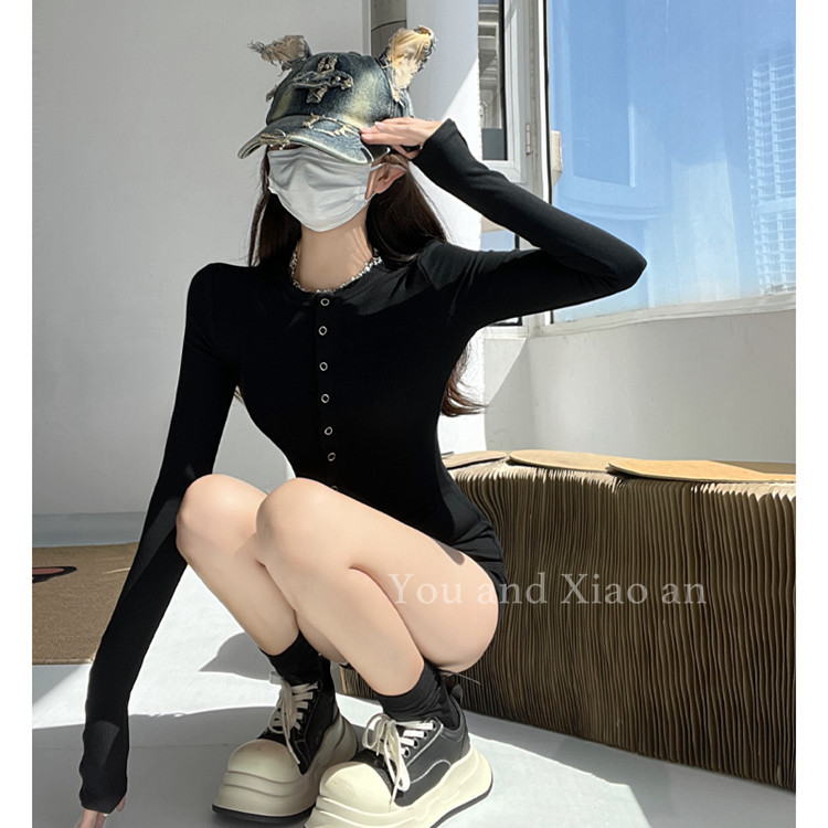 炸街美式辣妹纽扣连体衣女修身显瘦长袖打底衫运动风高腰连体短裤,淘宝优惠券,粉丝福利购,淘宝优惠卷