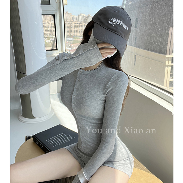 炸街美式辣妹纽扣连体衣女修身显瘦长袖打底衫运动风高腰连体短裤,淘宝优惠券,粉丝福利购,淘宝优惠卷