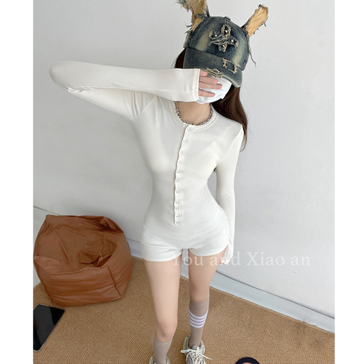 炸街美式辣妹纽扣连体衣女修身显瘦长袖打底衫运动风高腰连体短裤,淘宝优惠券,粉丝福利购,淘宝优惠卷
