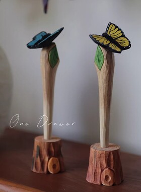 复古蝴蝶木桩手作木雕中性笔摆件
