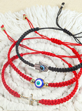 亚马逊爆款恶魔眼睛手掌编织绳抽拉可调节手绳大象乌龟红绳手链