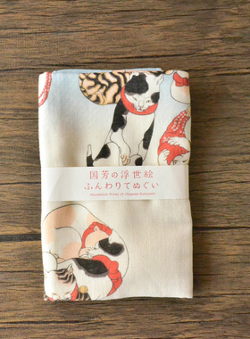 日本山本仁歌川国芳浮世绘蹴鞠猫手帕毛巾百猫图江户长条头巾礼物