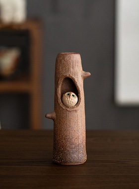 日本进口信乐烧手工陶器猫头鹰香插香座插花器雕塑日式装饰物摆件