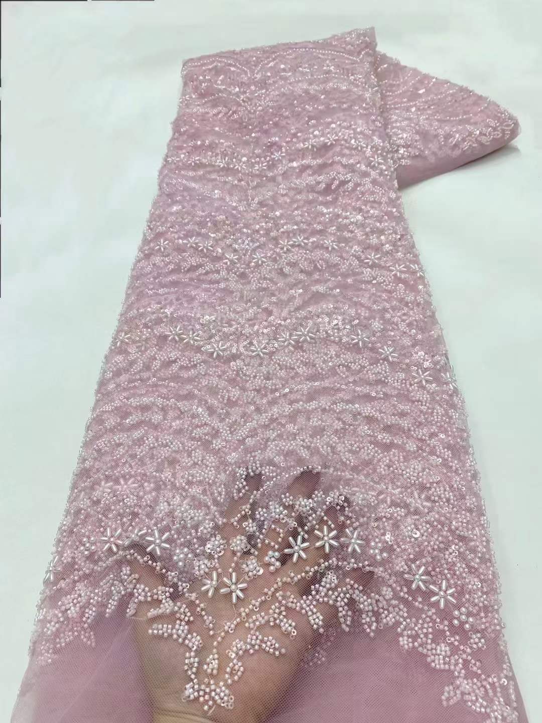 重工婚纱礼服亮片珠管面料时装立体花网纱蕾丝绣布料beaded lace-图1