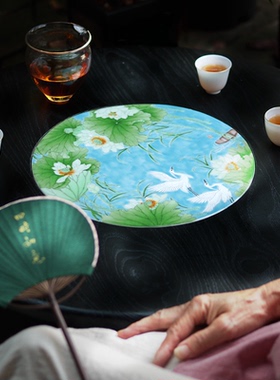 误入藕花深处工笔手绘夏日荷花 木瓷镶嵌榻榻米桌