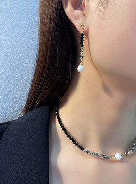 黑水晶天然珍珠项链耳环三件套装