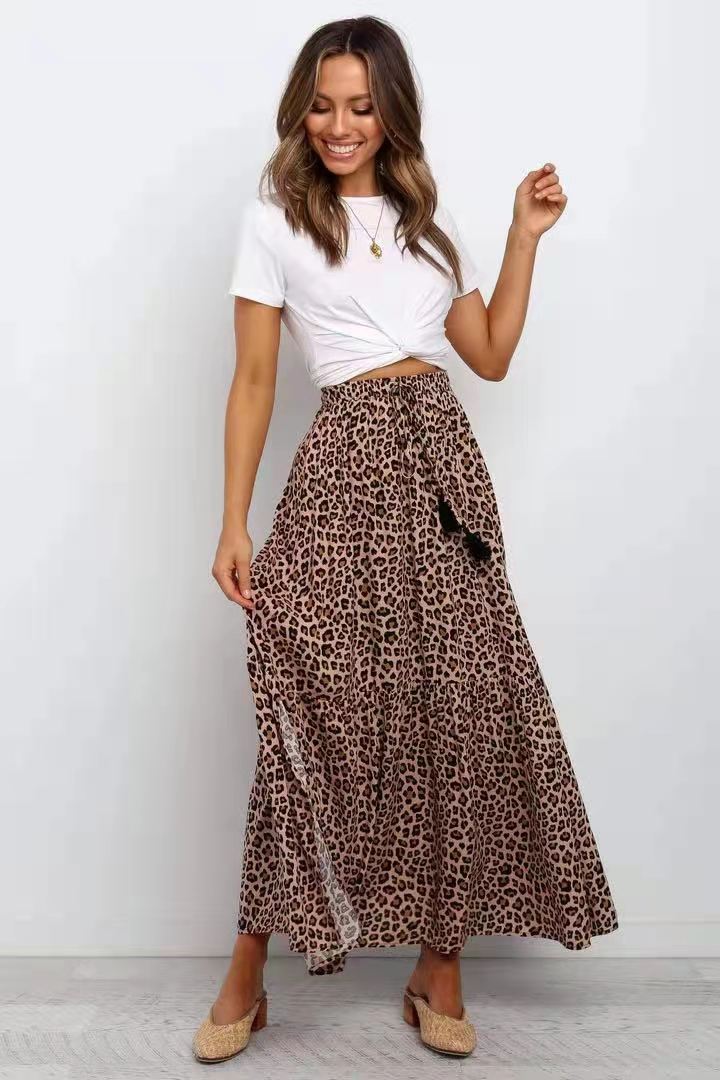 Autumn new skirt elastic high waist brown leopard print skir - 图1
