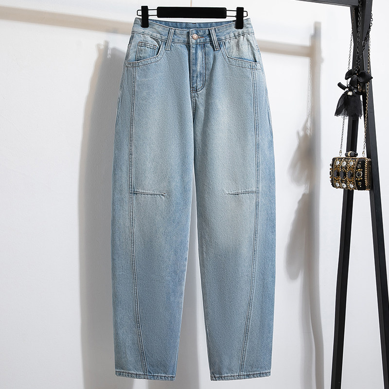 实拍浅蓝色弯刀牛仔裤女春秋大码窄版宽松直筒阔腿镰刀裤拖地女,淘宝优惠券,粉丝福利购,淘宝优惠卷