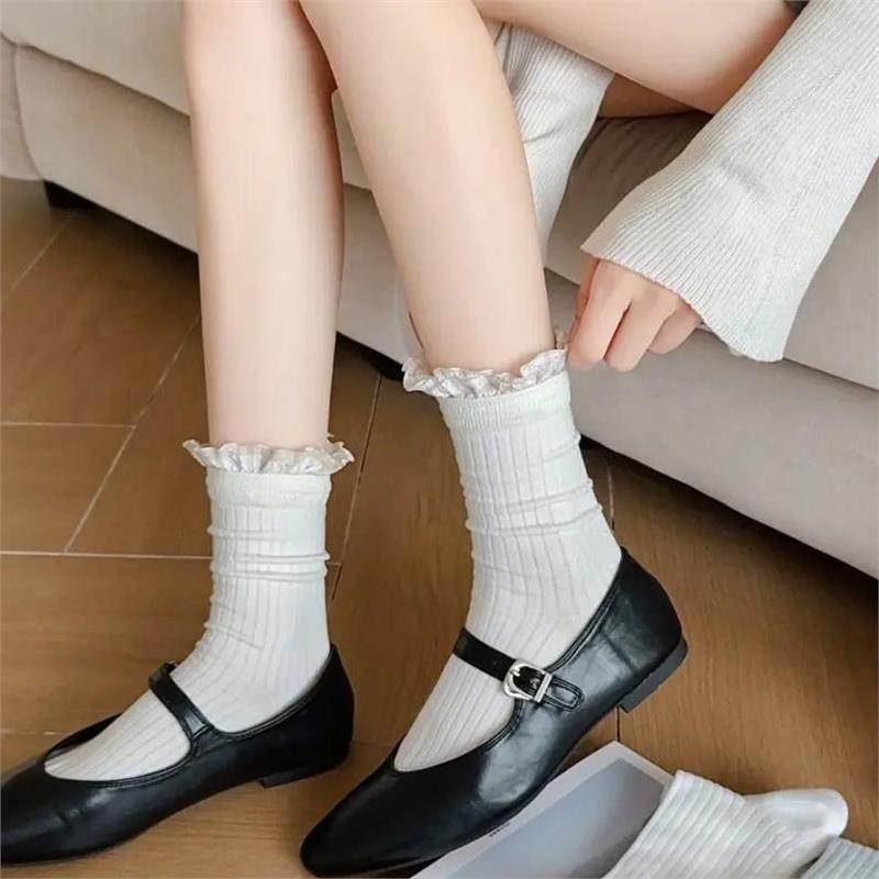 2双装 春夏miu风花边巴恩复古格雷系中筒袜纯欲风轻熟女穿搭耐看 - 图0