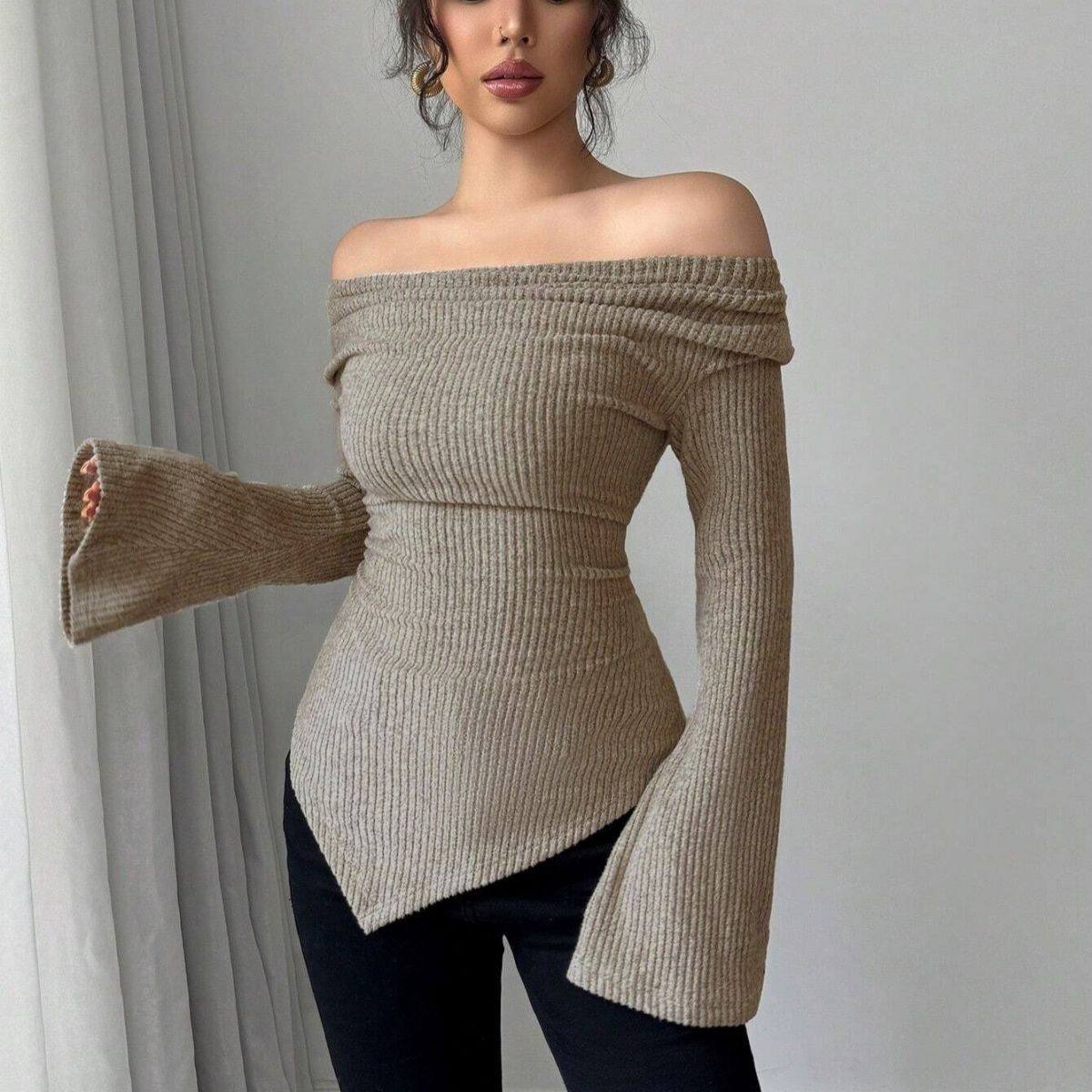 高级设计感小众不规则长袖女春秋季内搭打底衫修身一字肩露肩上衣,淘宝优惠券,粉丝福利购,淘宝优惠卷