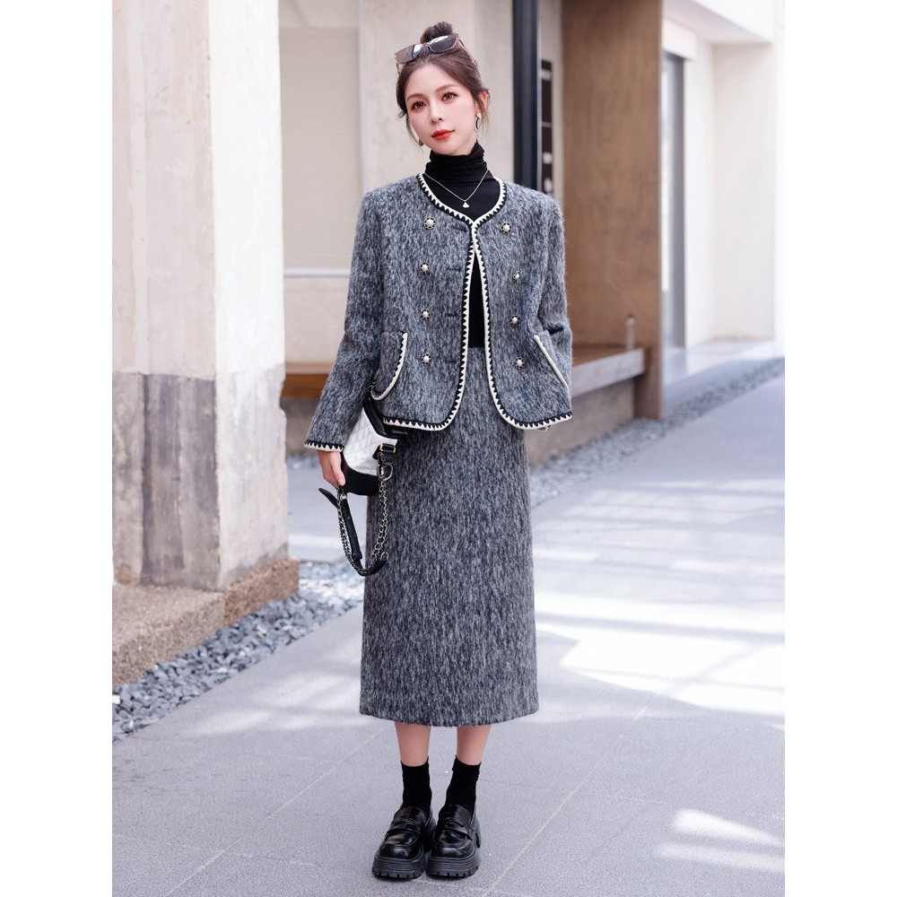 官网女装夏易菲2026年秋季上新圆领小香风毛呢套装时尚包边外套开,淘宝优惠券,粉丝福利购,淘宝优惠卷