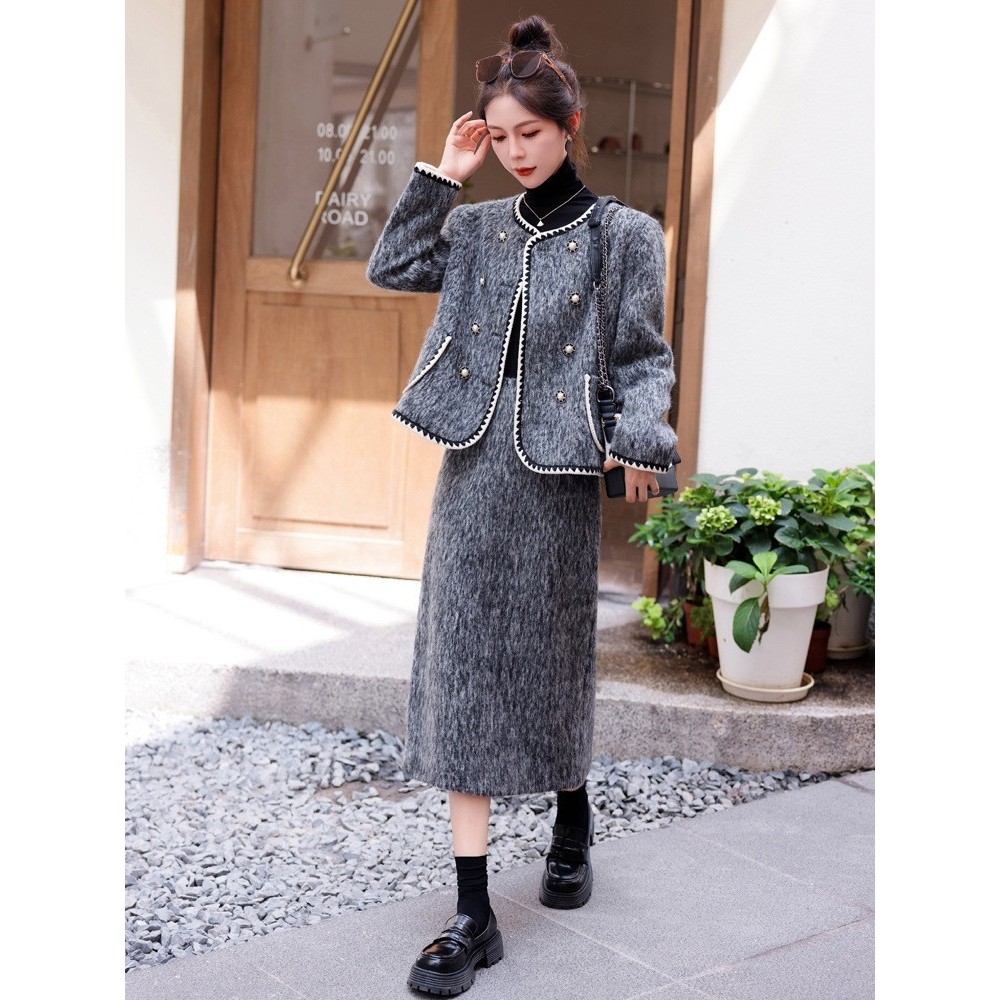 官网女装夏易菲2026年秋季上新圆领小香风毛呢套装时尚包边外套开,淘宝优惠券,粉丝福利购,淘宝优惠卷