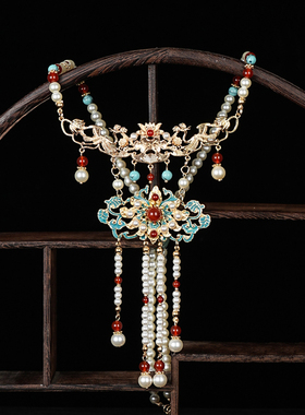 马面裙璎珞烧蓝吊坠项链加长背云菩提流苏 古风汉服配饰