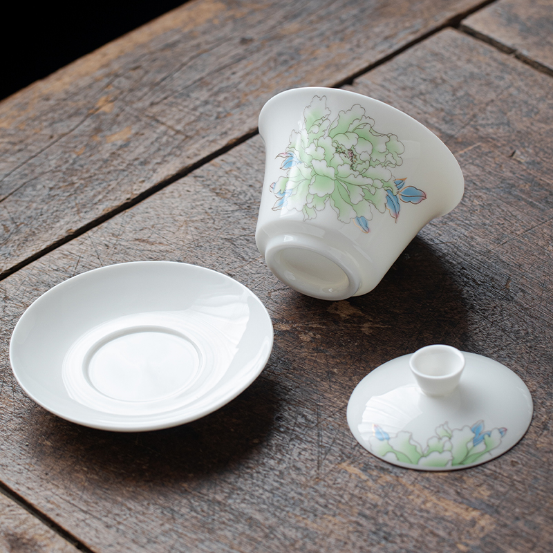 羊脂玉三才盖碗可悬停浮白瓷单个盖子高档马蹄泡茶碗陶瓷茶杯茶具 - 图2