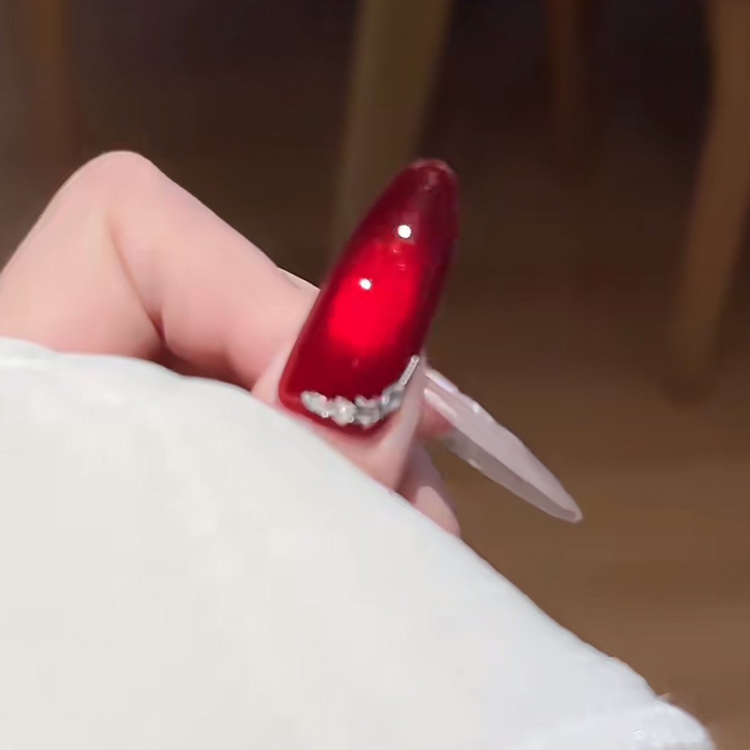 新款手工定制穿戴美甲长款红色猫眼烟花显白假指甲高级感成品甲片 - 图3