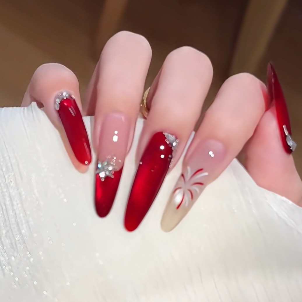 新款手工定制穿戴美甲长款红色猫眼烟花显白假指甲高级感成品甲片 - 图2