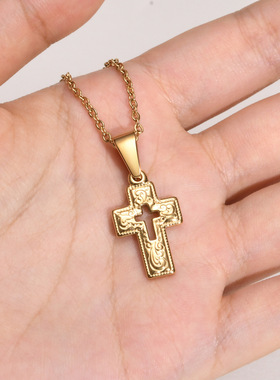 十字架钛钢吊坠裂纹锆石项链饰品