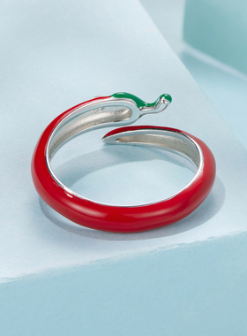 个性时尚s925纯银红辣椒开口戒指创意设计感红色滴油戒指精致百搭