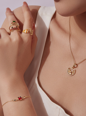 原创小丑鱼螃蟹戒指手链套装活力夏日海洋风 通体s925银开口戒指