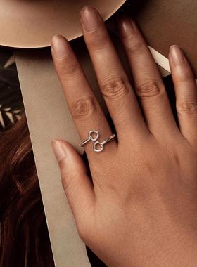 通体S925纯银双爱心开口戒指女小众设计简约指环叠戴素圈ins
