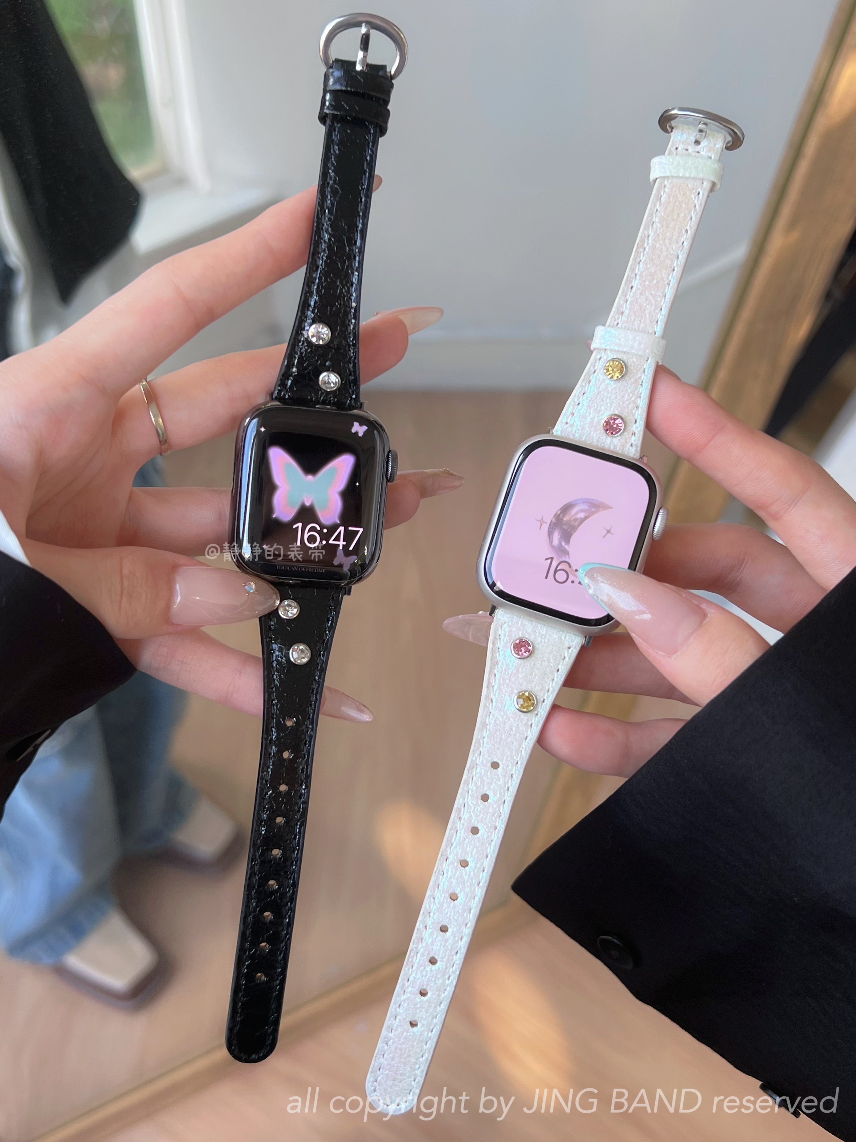 镶嵌宝石偏光皮质男女款适用于s978代applewatch456SE静静的表带-图0