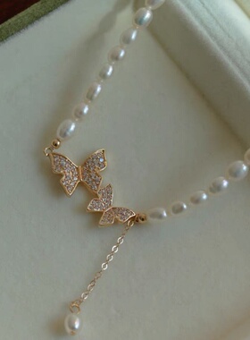 网红复古轻奢蝴蝶珍珠项链女吊坠小众设计感高级感气质锁骨颈链ch