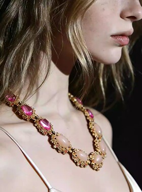 desigual复古粉色宝石项链女多层合金合成锆石气质首饰