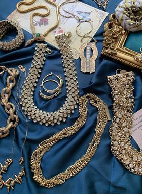 海外金色链条水钻古董首饰