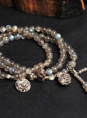 小众灰月光石多层银饰设计款手链