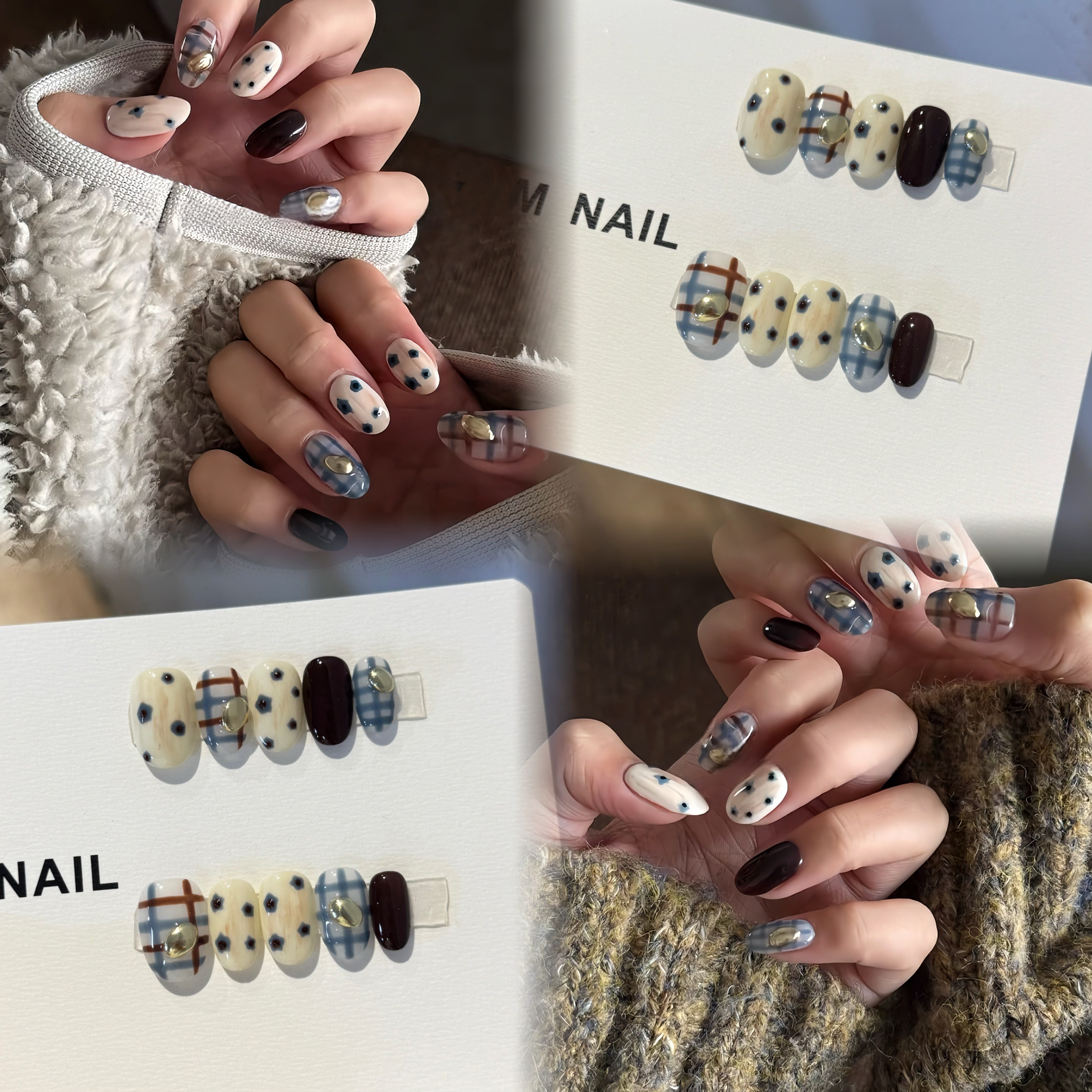 纯手工秋冬复古法式田园风格纹小花显白美甲穿戴甲2025新款,淘宝优惠券,粉丝福利购,淘宝优惠卷