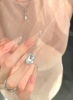手工秋冬蓝色华子裸色显白绝美闪钻美甲穿戴甲长款微瑕断码不退换