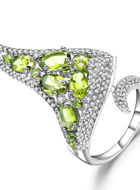 设计感S925银高级感欧美复古vintage奢华天然橄榄石纯银开口戒指