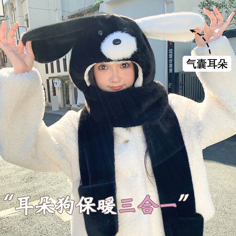 冬季毛绒帽子围巾手套三件套一体冬围巾手套保暖骑车围脖可爱防寒 - 图1