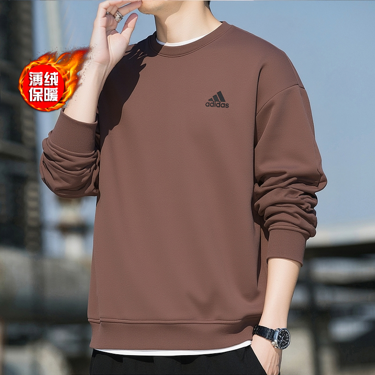 阿迪达斯加绒卫衣男秋季新款棕色打底衫宽松上衣美式运动服JM9094 - 图1