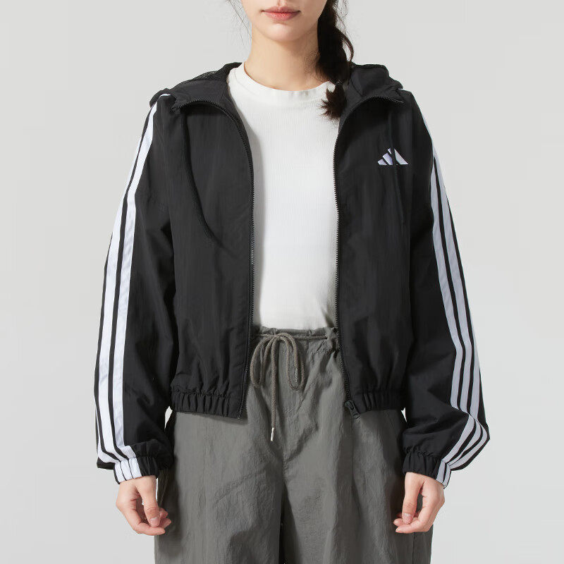 阿迪达斯短款外套女装新款三条纹运动服梭织透气连帽上衣宽松夹克,淘宝优惠券,粉丝福利购,淘宝优惠卷