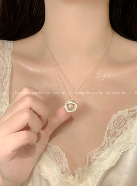 柏林少女轻奢锆石环绕珍珠项链女