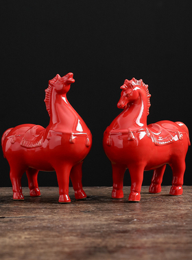 生肖马本命年红色马陶瓷摆件白色唐马复古绿肥马中式国风壁柜装饰