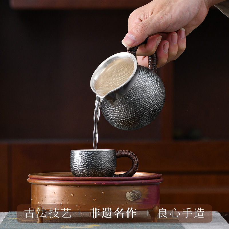 乔师傅银茶杯999纯银杯子隔热双层功夫茶具防烫主人杯日式品茗杯 - 图0