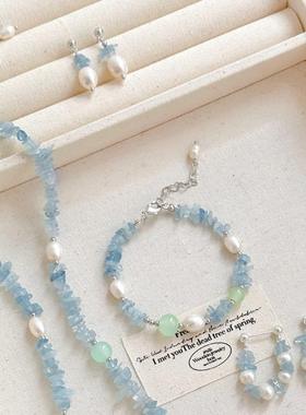 珍珠母贝锁骨链系套装海蓝项链