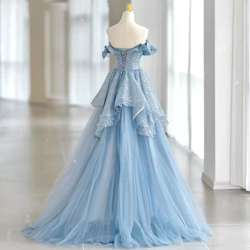 蓝色一字肩女2023新款高级感婚纱 碧颜礼服/晚装