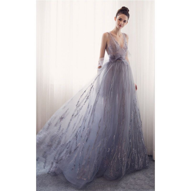 蓝色裙女2023新款高端轻奢小众婚纱 碧颜礼服/晚装