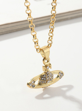 欧美跨境时尚饰品 潮流微镶满钻土星项链创意单层星球项链气质