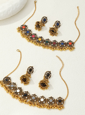 跨境欧美饰品滴油金属水钻夸张时尚个性项链耳环套装女首饰气质