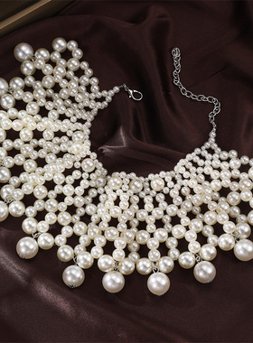 跨境欧美宫廷风珍珠宽体颈链夸张时尚女气质手工编制项链首饰配饰